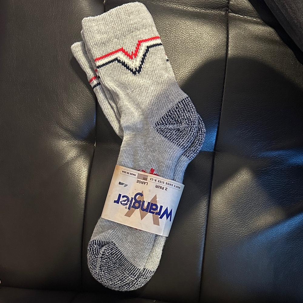 Wrangler Gray Crew Socks with Red & Navy Chevron Accent - 2 Pair